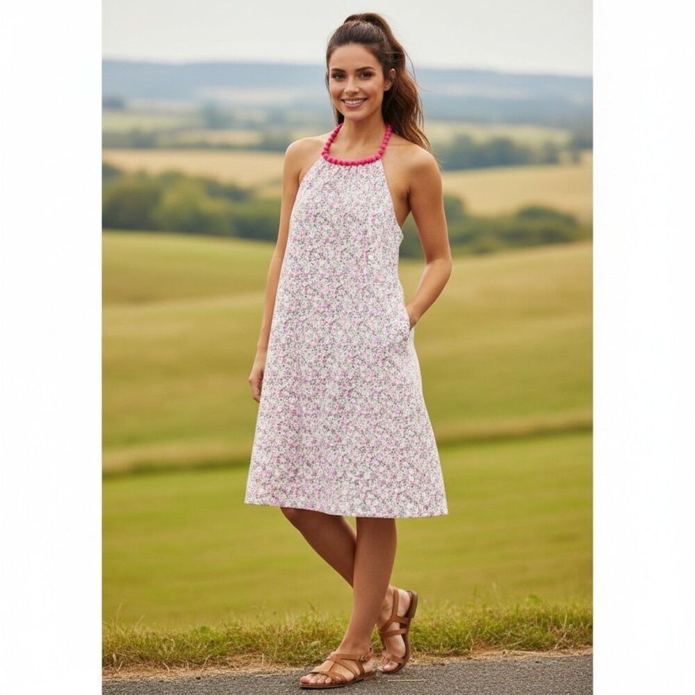 Cute Summer Casual Sweet Sinnamon Pink Floral Dress Pom Pom Halter size S small